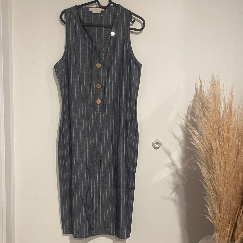 Navy Pinstripe Roberta Blagi Button-Front Midi Dress